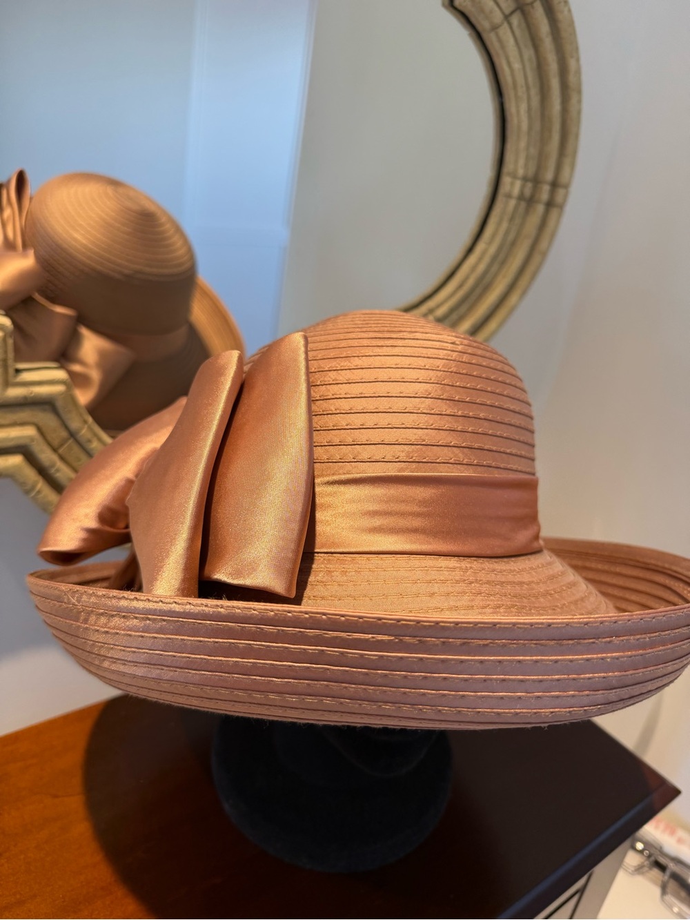 Elegant champagne Bronze Wide Brim Hat with Oversized Satin Bow